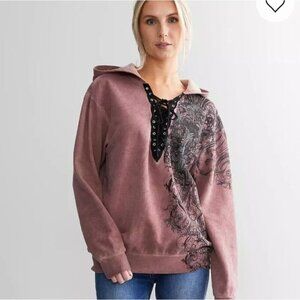 Affliction Live Fast Blossom Lace Up Medium Hooded Sweatshirt Rhinestone Pink